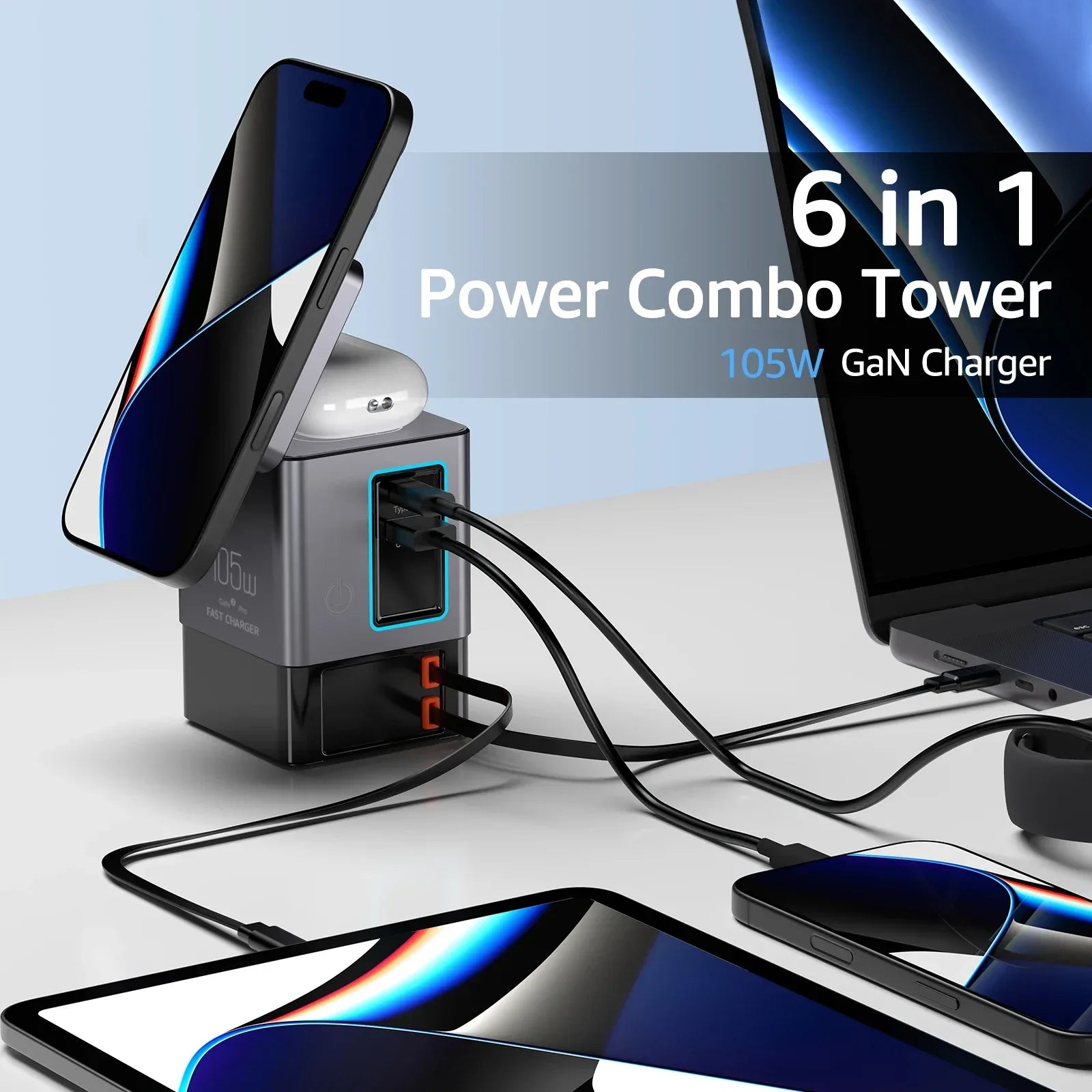 6-in-1 Charging Station with Retractable USB-C Cable Power Combo Tower 105W for Multiple Devices Fast Charger for iPhone Airpod - Luvia