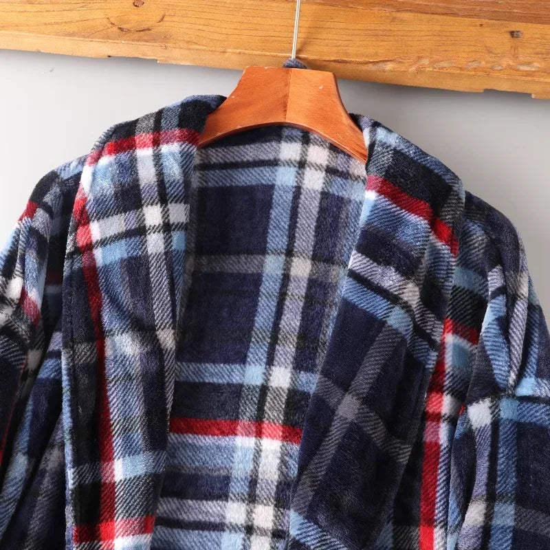 Men's Nightgown Home clothes Robes Winter warmth flannel bathrobe Plaid Pajamas Male lounge sleepwear - Luvia