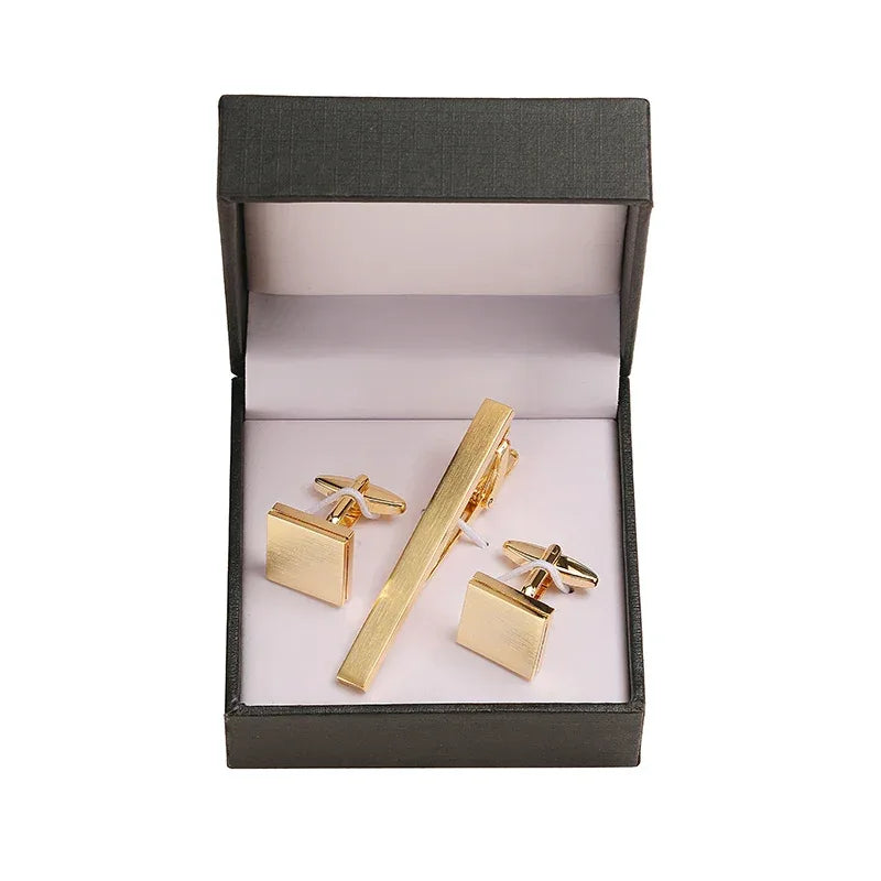 Tie clip cufflink box set square brushed enamel striped cross design men's French shirt cufflinks business suit tie clip gift - Luvia