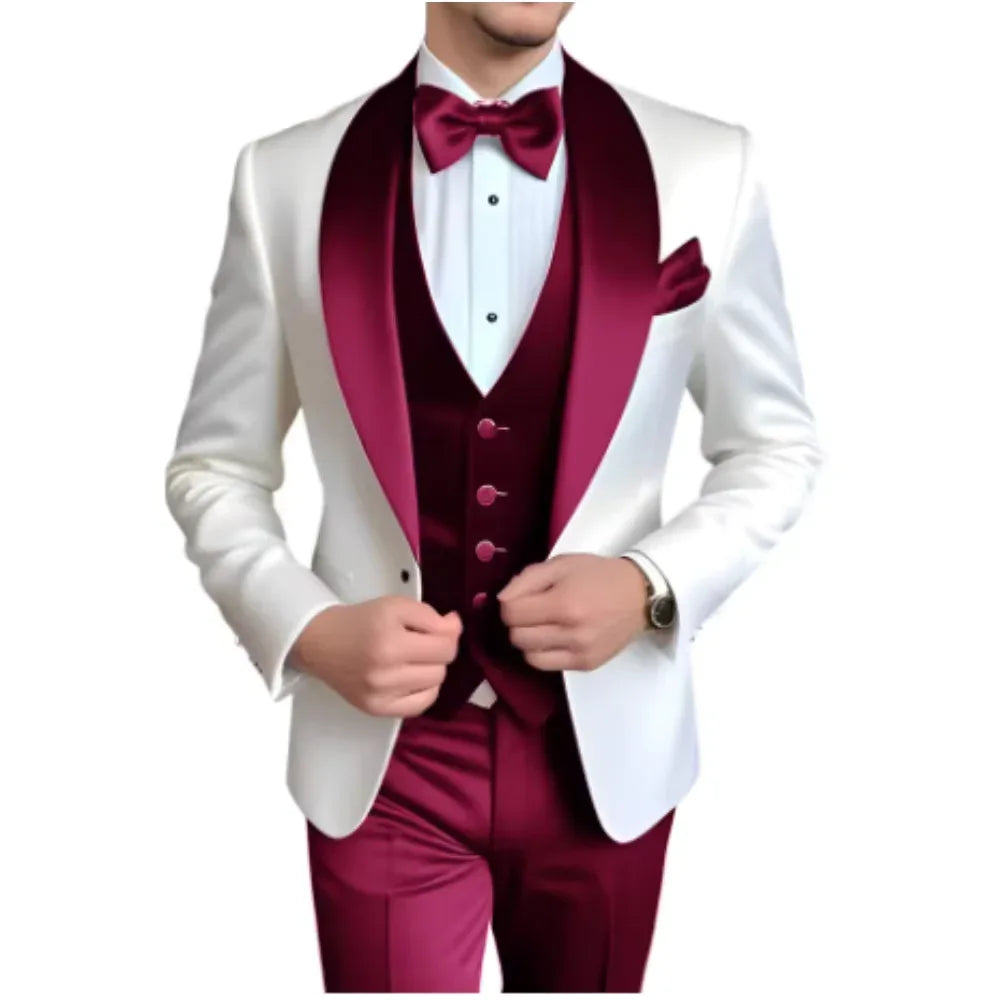 Formal 3 Piece Men's Suits Elegant Full Set Single Breasted Shawl Lapel Blazer Party Outwear Homme Costume（Jacket+Pants+Vest) - Luvia