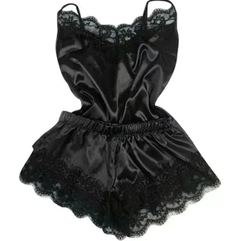 Summer Lace Silk Pajama Set for Women Sleepwear Sexy Lingerie Cami Top and Shorts Sets Comfortable Casual Pijamas - Luvia