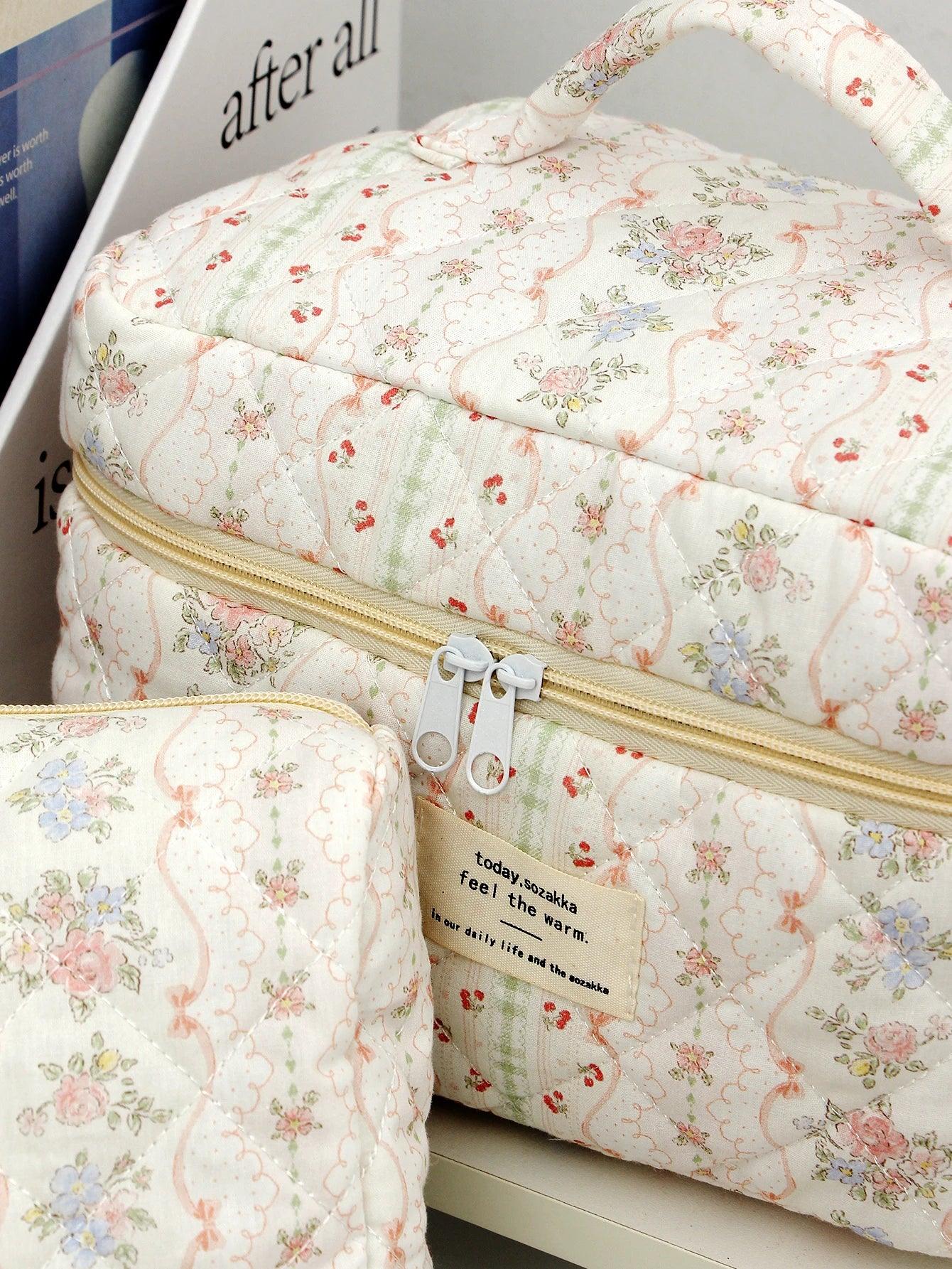 1pc/set floral quilted makeup bag, cute large capacity makeup bag, travel essential makeup bag, multifunctional makeup bag - Luvia