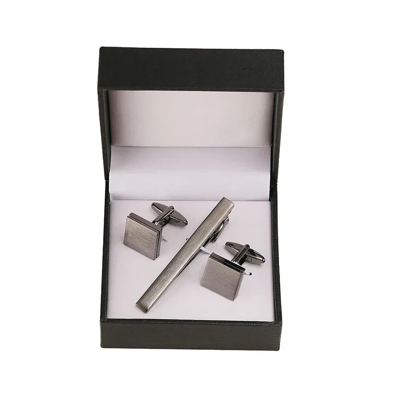 Tie clip cufflink box set square brushed enamel striped cross design men's French shirt cufflinks business suit tie clip gift - Luvia