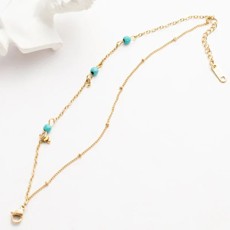 Gold Plated Stainless Steel Layered Necklace for Women Green Beads Pendant Choker Chain Necklaces Engagement Fashion Jewelry - Luvia