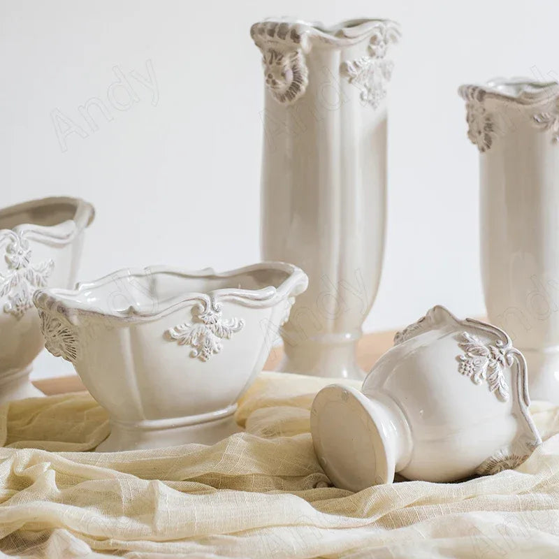 French Ceramic Vase Palace Flower Relief Decorative Living Room Flower Vases Retro Dining Room Desktop Ornaments Home Decoration - Luvia