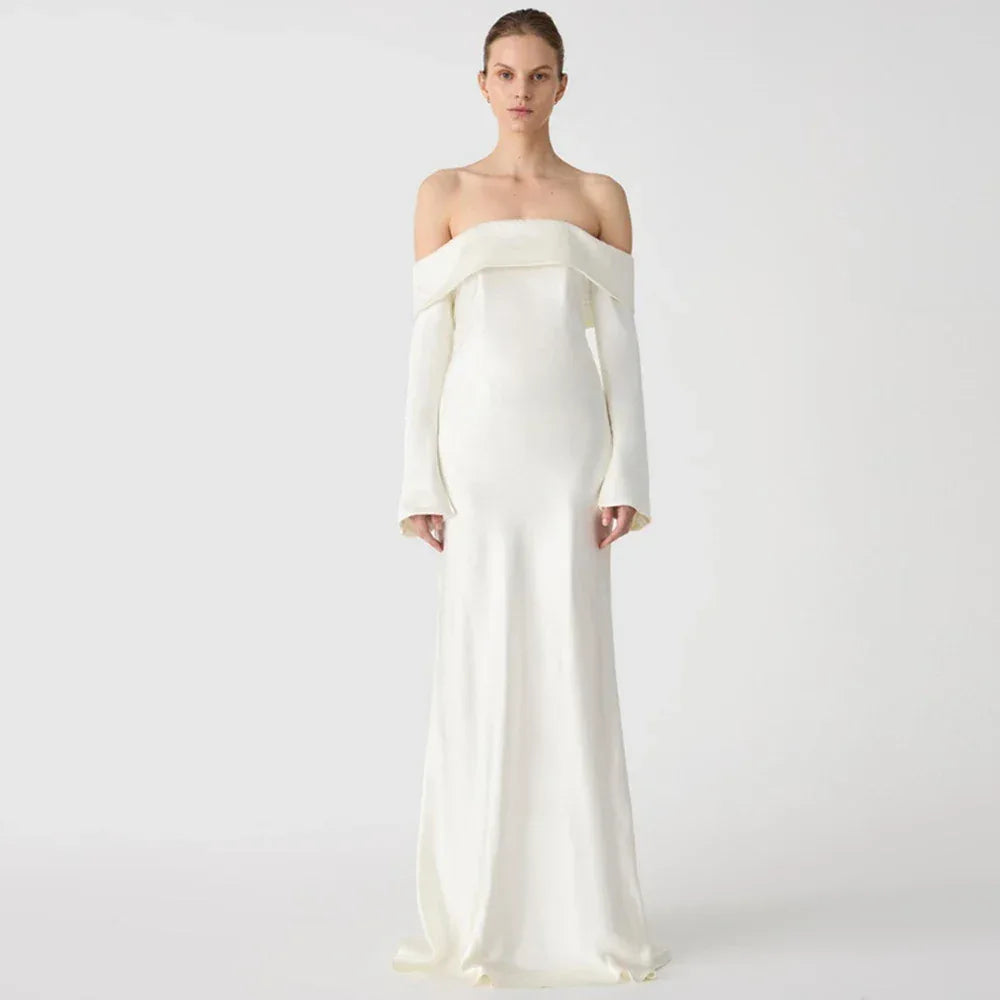 Formal Civil Wedding Dresses White Satin Ruched Elegant Party Dresses Woman Straight Off-the-shoulder 2024 Bride Gowns for Women - Luvia