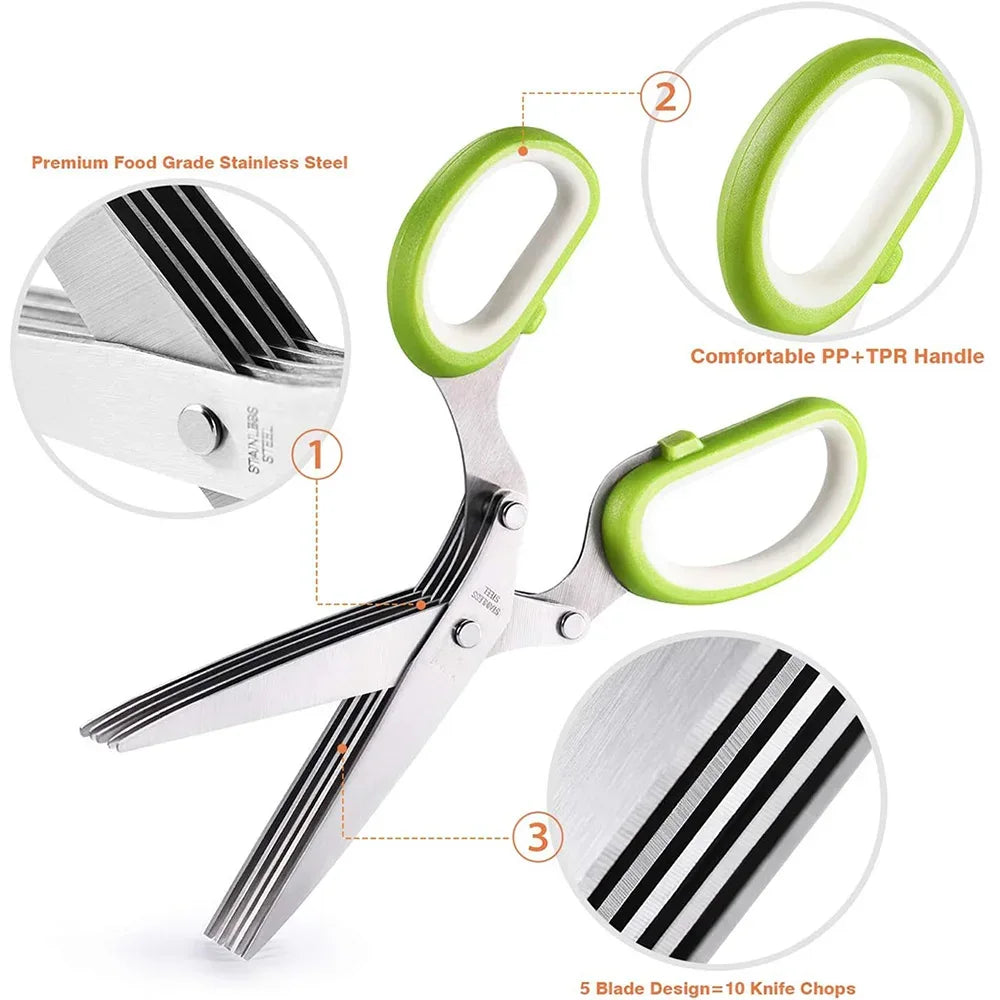 Herb Scissors Stainless Steel 5 Blade Kitchen Shears Household Vegetable Cutter with Cover Multifunctional Kitchen Gadgets - Luvia