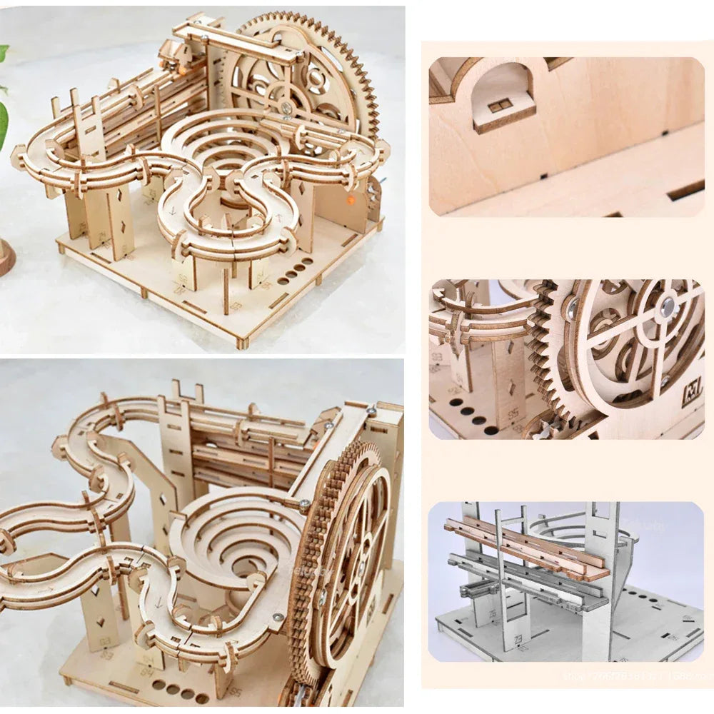 3D Wooden Puzzle DIY Mechanical Manual Model Building Kits Assemble Toys Marble Run Set with 4 Ball for Adult Kids Gifts - Luvia
