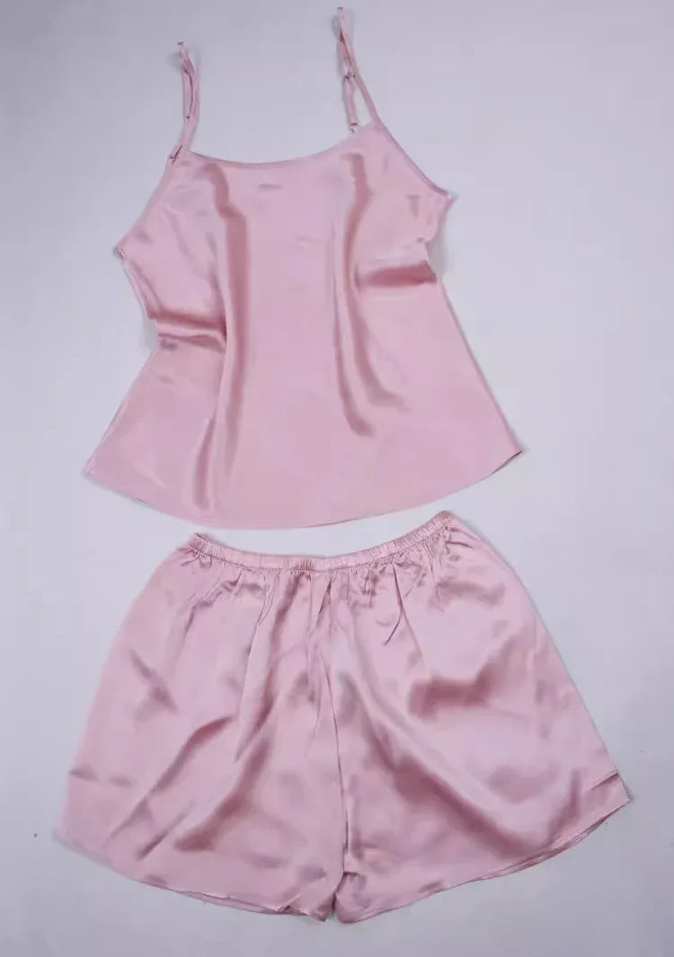 Women 100% Natural Silk 16 momme satin silk Camisole with Shorts Pajama Set Sleepwear M-2XL YM004 - Luvia