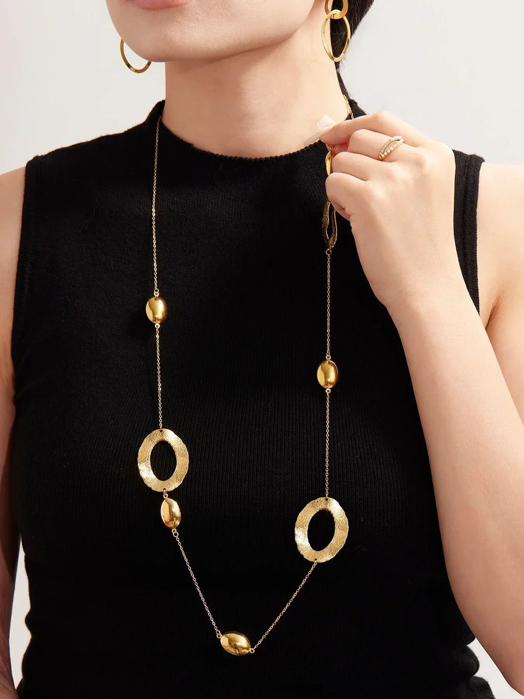 316 Stainless Steel Gold-Plated Long Necklace for Women 103cm Golden Chain Oval Pendant Layering Necklaces Luxury Jewelry - Luvia