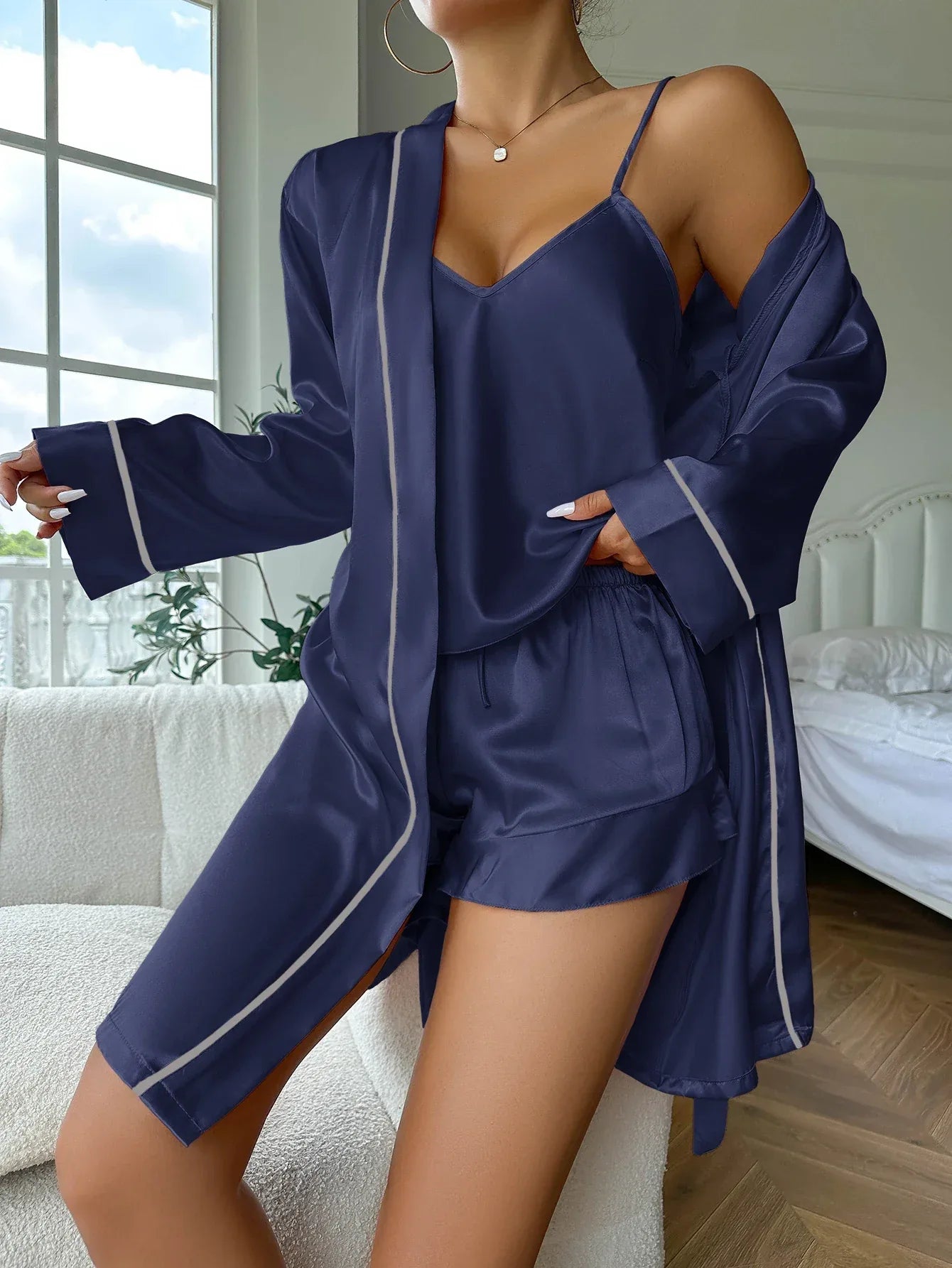 Simple Satin Pajama Set Long Sleeve Belted Robe V Neck Cami Top And Shorts Women's Sleepwear - Luvia