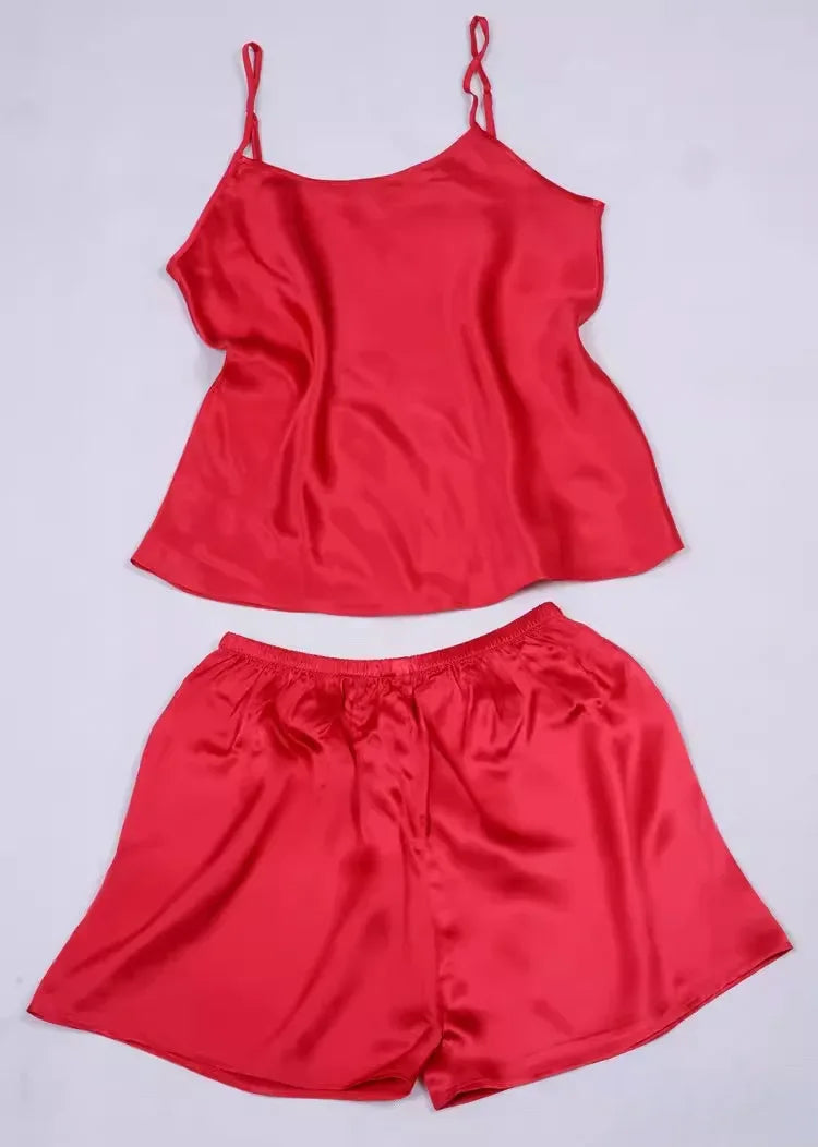 Women 100% Natural Silk 16 momme satin silk Camisole with Shorts Pajama Set Sleepwear M-2XL YM004 - Luvia