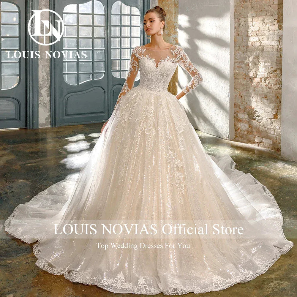 LOUIS NOVIAS Luxury Ball Gown Wedding Dress For Women Long Sleeve Glitter Beading Appliques Wedding Gown Vestidos De Novia - Luvia