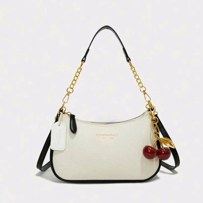 Cherry Pendant Crossbody Bag for Women PU Leather Crescent Bag Adjustable Strap Underarm Bag Closure Handbag for Work Travel - Luvia