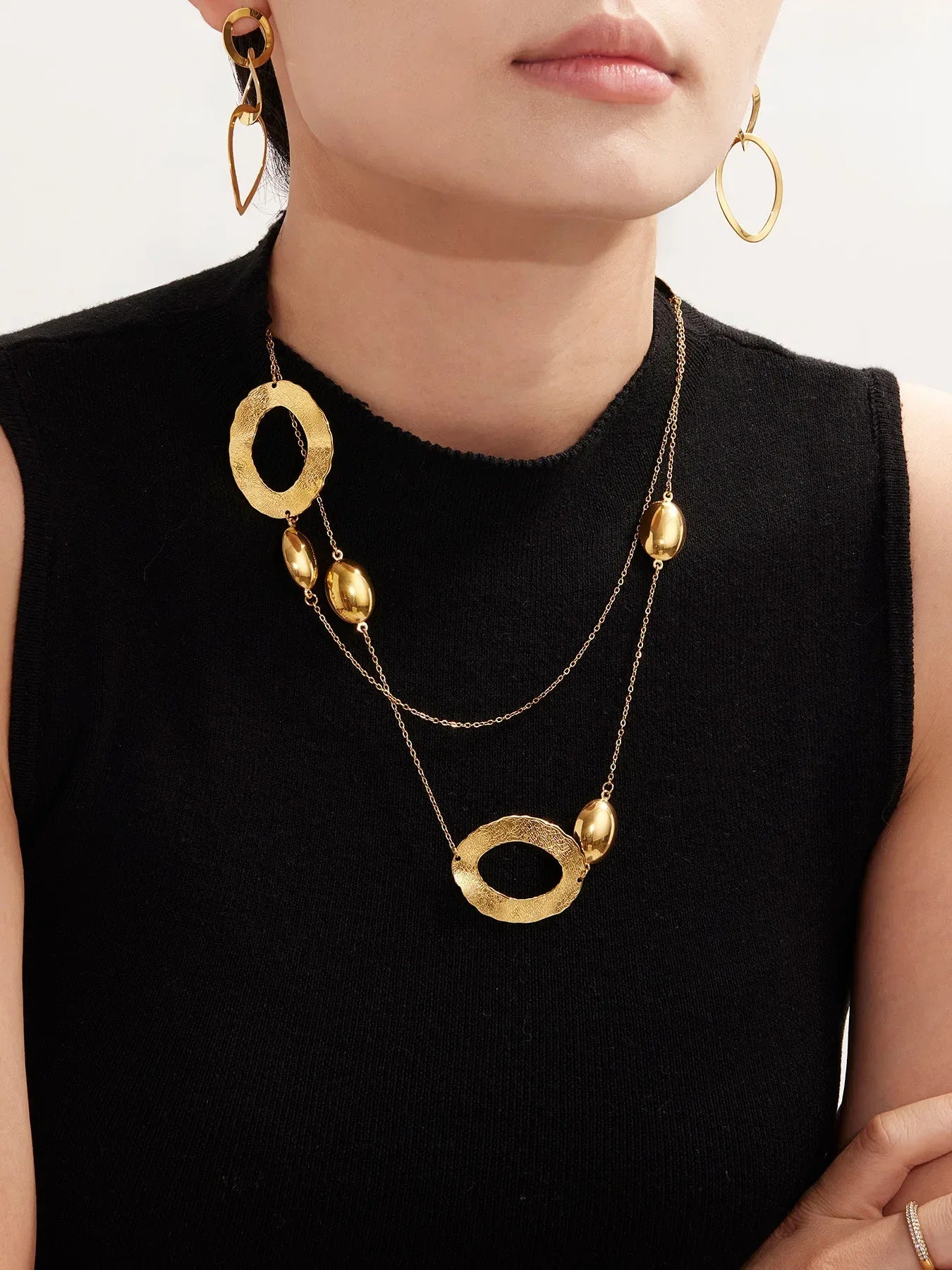 316 Stainless Steel Gold-Plated Long Necklace for Women 103cm Golden Chain Oval Pendant Layering Necklaces Luxury Jewelry - Luvia