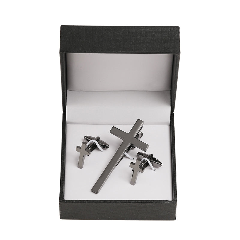 Tie clip cufflink box set square brushed enamel striped cross design men's French shirt cufflinks business suit tie clip gift