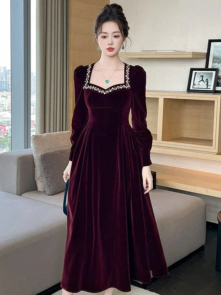 French Style Elegant Lady Dresses for Women Clothing Retro Velvet Diamonds Swing Long Robe Femme Party Prom Vestidos Spring New - Luvia