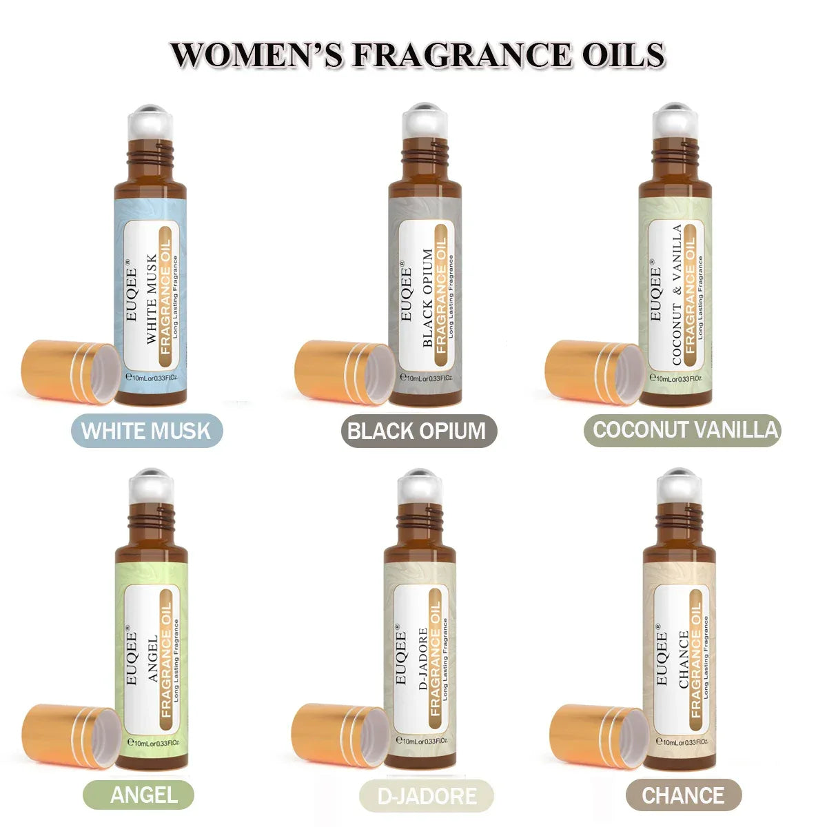 EUQEE 6pcs Fragrance Oils Set For Men & Women 10ml Roller Aroma Oil Good Girl Bright Crystal Coconut Vanilla Angel Strawberry - Luvia