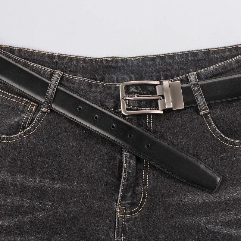 1pc Men's Leather Reversible Belt, Rotate Black Buckle - Luvia