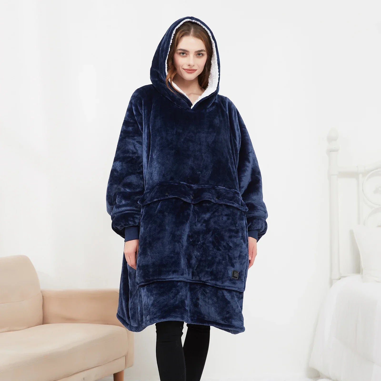 Oversized Wearable Blanket Hoodie with Sleeves Pocket Sherpa Fleece Blanket Sweatshirt Warm Thick Plush Heating Hooded Blankets - Luvia