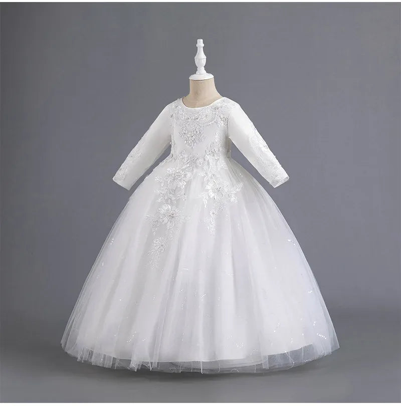 Formal Dress for Elegant Party Girls Dresses Long Sleeve Embroidery Girl's Ceremonial Clothes 5 to 14 Years - Luvia