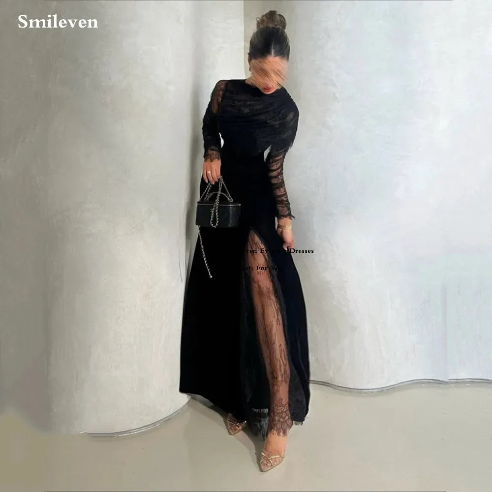 Smileven Long Sleeve Lace Evening Dresses Side Split Prom Maxi Dresses Modest Birthday Party Gowns Customized - Luvia