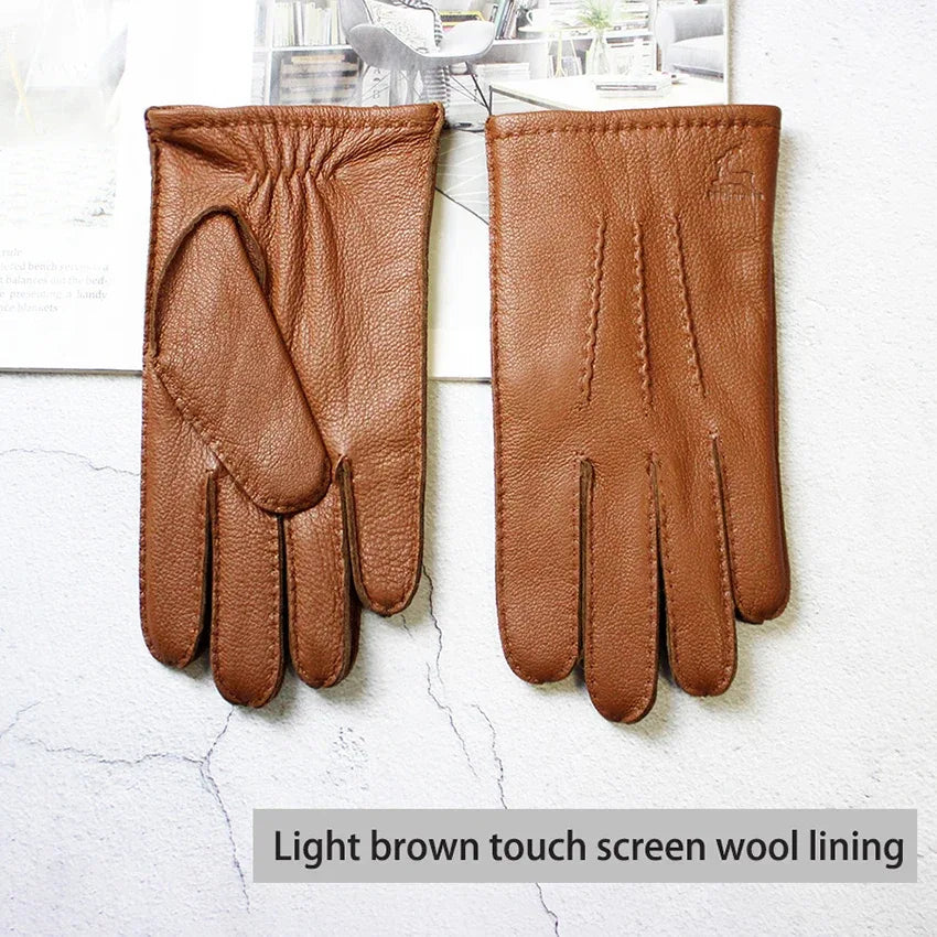 Deerskin Gloves Men's Touch Screen High-Quality Leather 2025 New Hand-Stitched Thin Wool Lining Keeps Warm in Autumn and Winter - Luvia