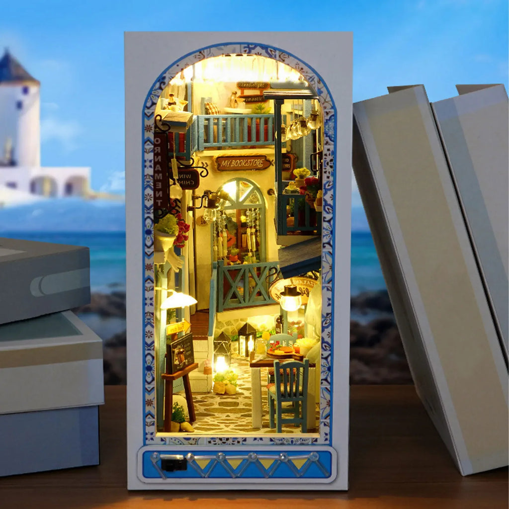 New DIY Book Nook Kit 3D Wooden Miniature Dollhouse Bookend Building with LED Light Bookshelf Decoration Birthday New Year Gifts - Luvia