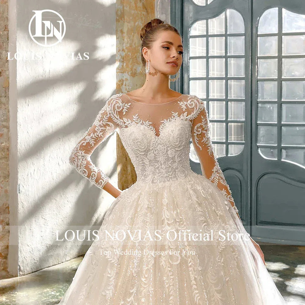 LOUIS NOVIAS Luxury Ball Gown Wedding Dress For Women Long Sleeve Glitter Beading Appliques Wedding Gown Vestidos De Novia - Luvia