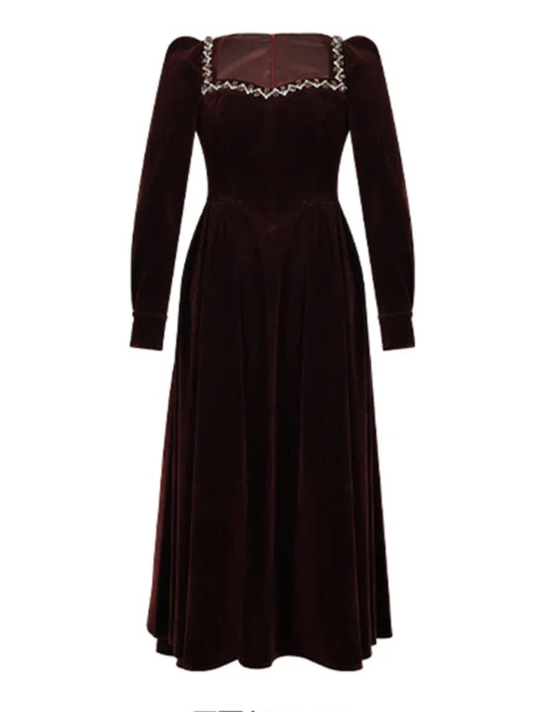 French Style Elegant Lady Dresses for Women Clothing Retro Velvet Diamonds Swing Long Robe Femme Party Prom Vestidos Spring New - Luvia