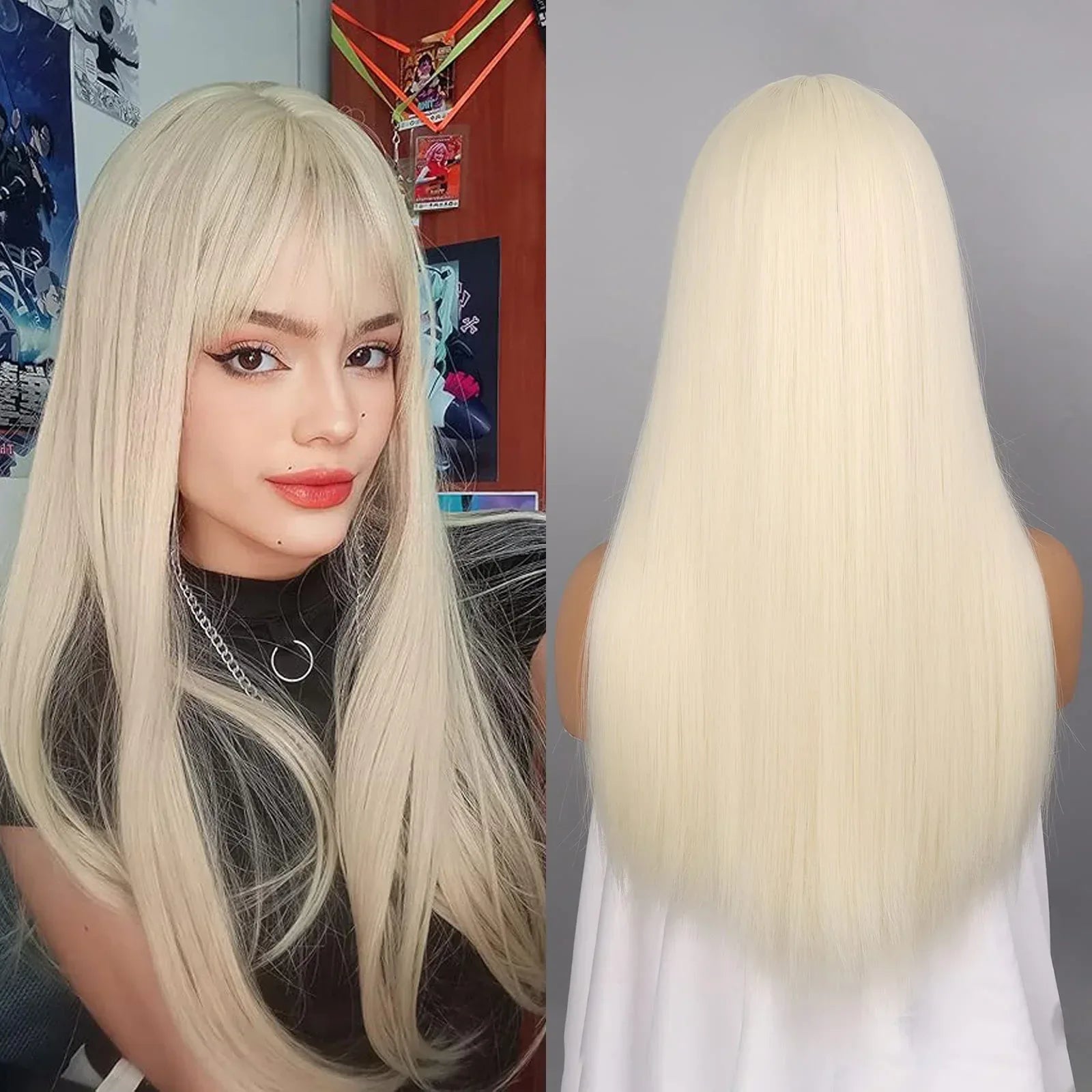 Synthetic Straight Wigs with Bangs Long Silky Heat Resistant Fiber Hair Full Machine Wig Cosplay Party Wig For Fashion Women - Luvia