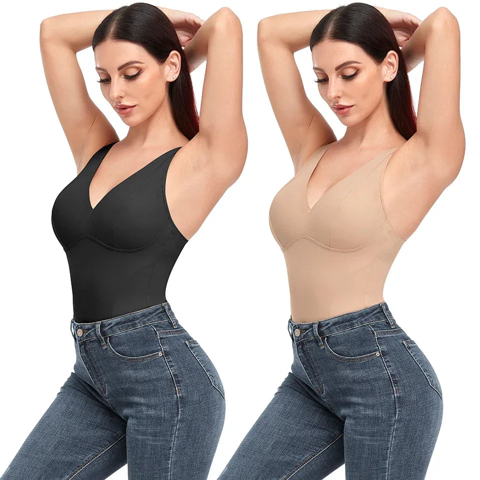 Shapewear Bodysuit Thong Body Shaper for Women Waist Trainer Corset Deep V Neck Slimming Underwear Built-in Bra Camisoles Tops - Luvia