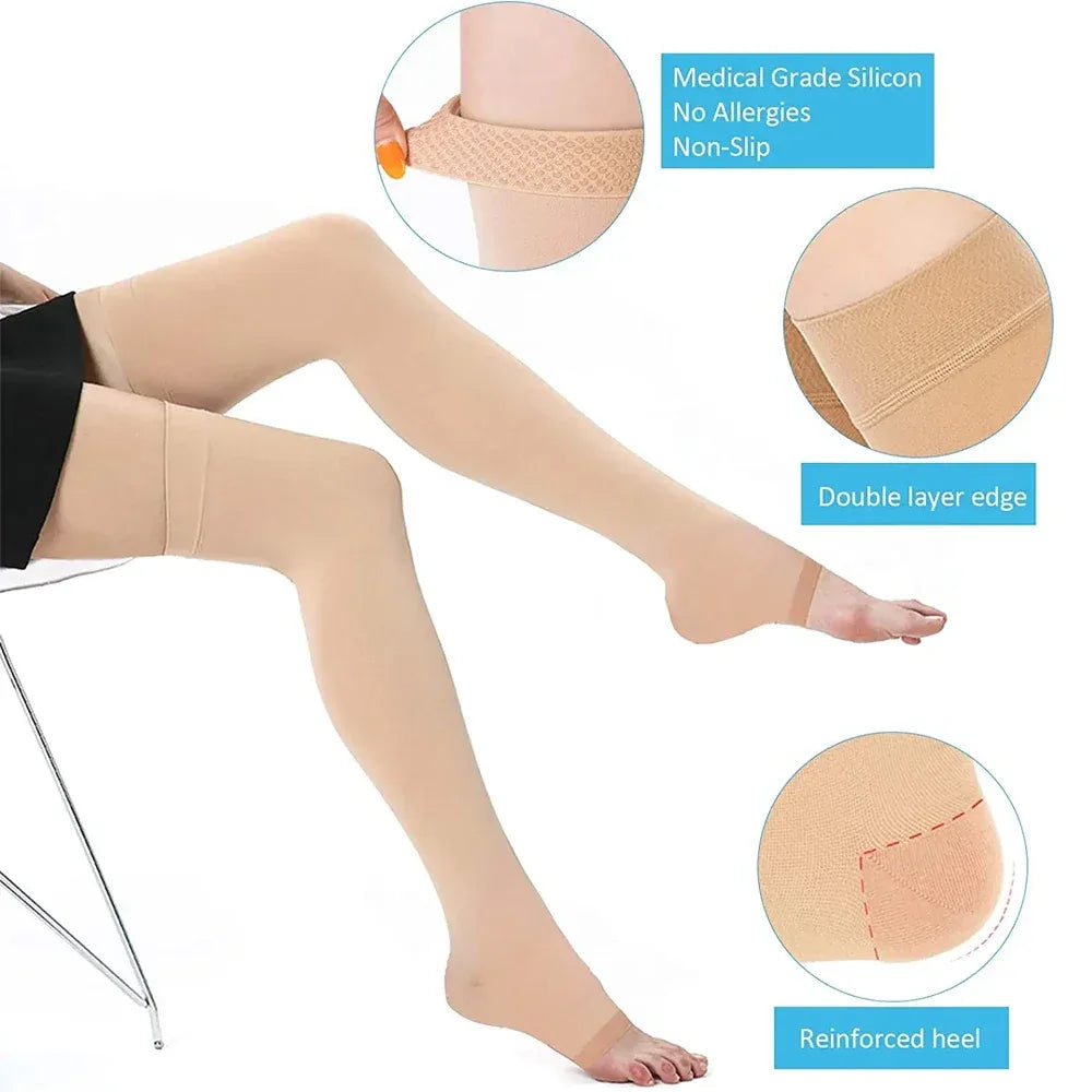 1Pair Relief Thigh High Graduated Compression Socks, 20-30 mmHg - Comfortable Unisex Design with Silicone Dot Band - Open Toe - Luvia