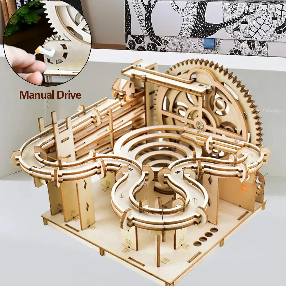 3D Wooden Puzzle DIY Mechanical Manual Model Building Kits Assemble Toys Marble Run Set with 4 Ball for Adult Kids Gifts - Luvia