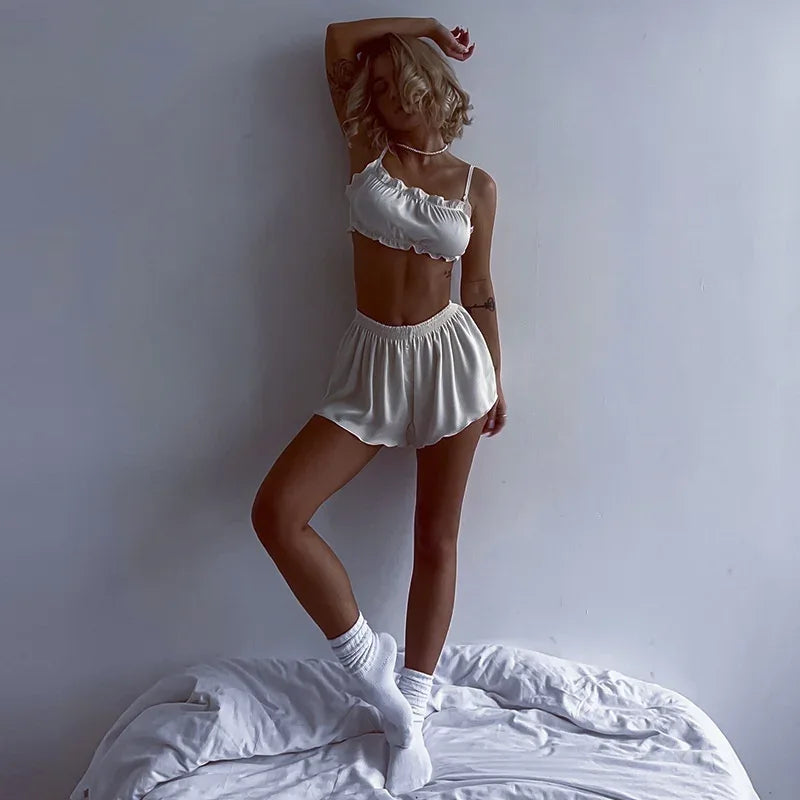 New Ice Silk Sleepwear Sleeveless Camis Female Lingerie Casual Home Clothes Women Fashion Summer Sexy Lady Pajamas 2 Pieces Sets - Luvia