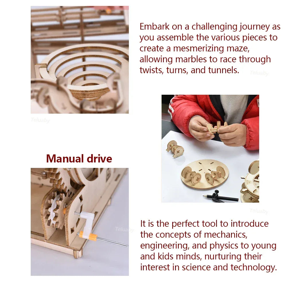 3D Wooden Puzzle DIY Mechanical Manual Model Building Kits Assemble Toys Marble Run Set with 4 Ball for Adult Kids Gifts - Luvia