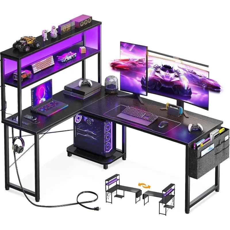 L Shaped Desk Gaming Desk with LED Light & Power Outlet, 53 Inch Reversible L Shaped Computer Table with Shelf & Storage Ba - Luvia
