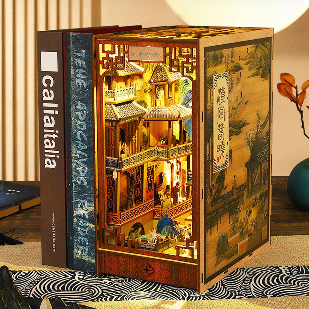 New DIY Book Nook Kit 3D Wooden Miniature Dollhouse Bookend Building with LED Light Bookshelf Decoration Birthday New Year Gifts - Luvia