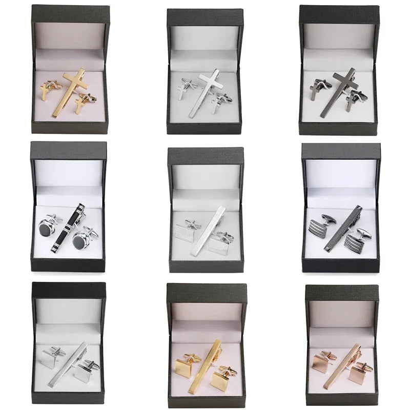 Tie clip cufflink box set square brushed enamel striped cross design men's French shirt cufflinks business suit tie clip gift - Luvia