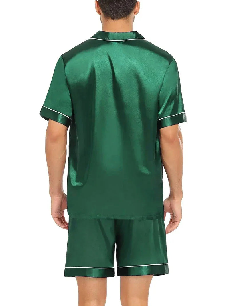 Men's Silky Satin 2Pcs Pajama Set Short-Sleeve Lapel Chest Pocket Shirt And Shorts Smooth Touch Soft Sleepwear Cozy Nightshirts - Luvia