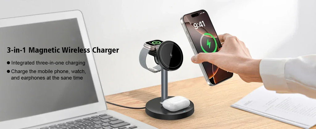 15W 3-in-1 Magnetic Wireless Charging Station For Magsafe iPhone 16 15 14 13 12 iWatch 10-2 SE AirPods Pro 4 Travel Fast Charger - Luvia