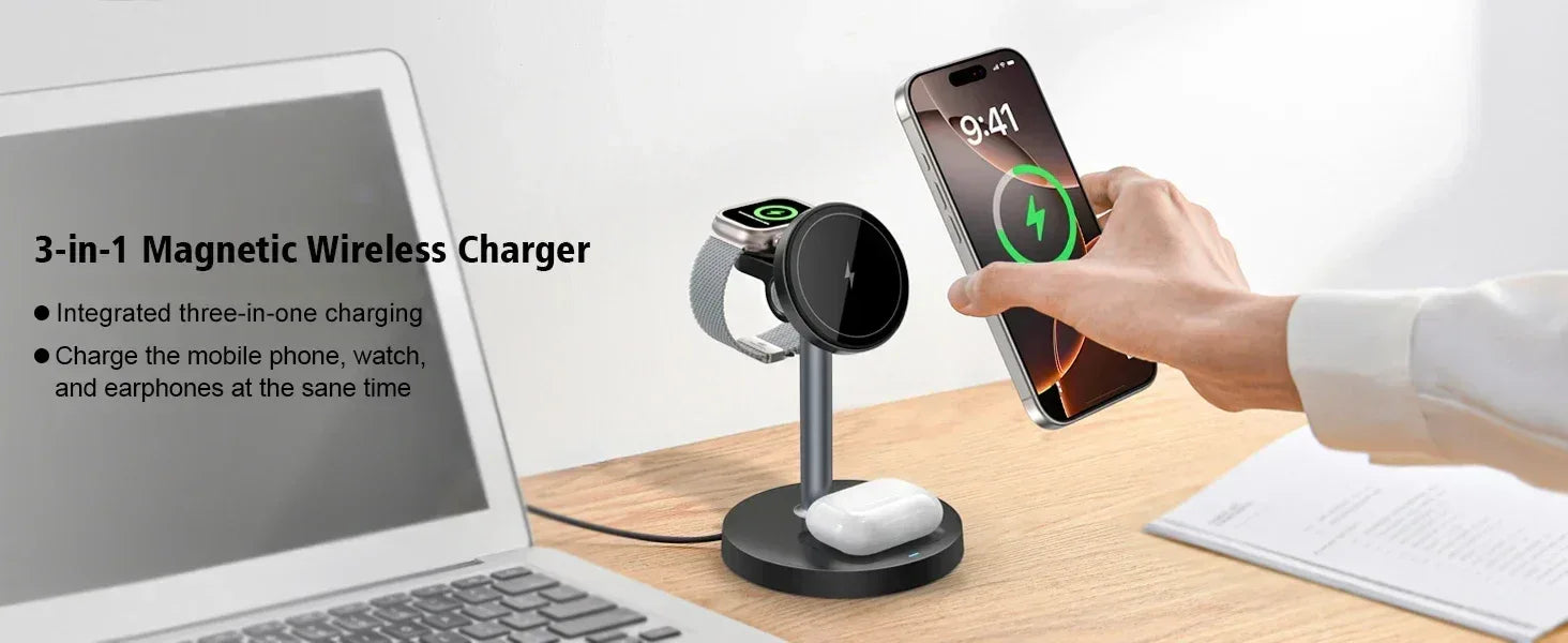 15W 3-in-1 Magnetic Wireless Charging Station For Magsafe iPhone 16 15 14 13 12 iWatch 10-2 SE AirPods Pro 4 Travel Fast Charger - Luvia