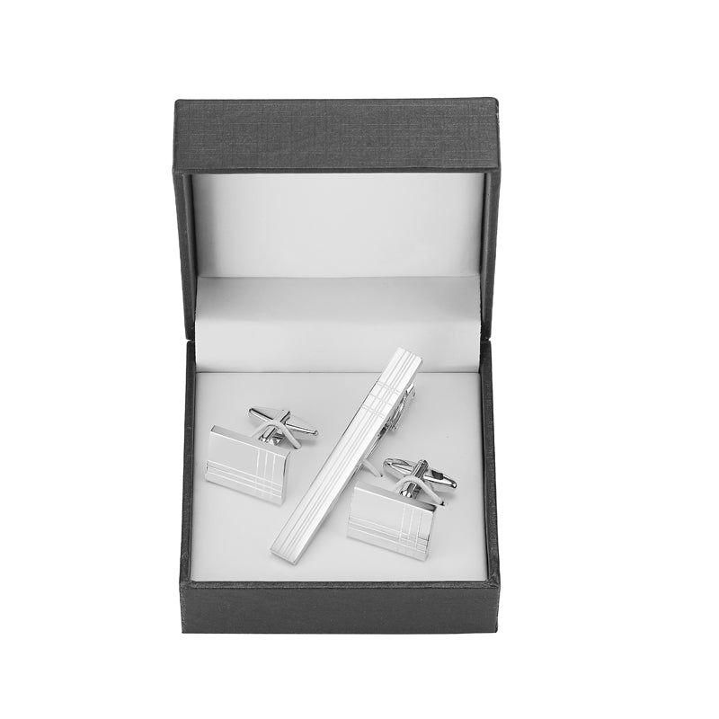 Tie clip cufflink box set square brushed enamel striped cross design men's French shirt cufflinks business suit tie clip gift