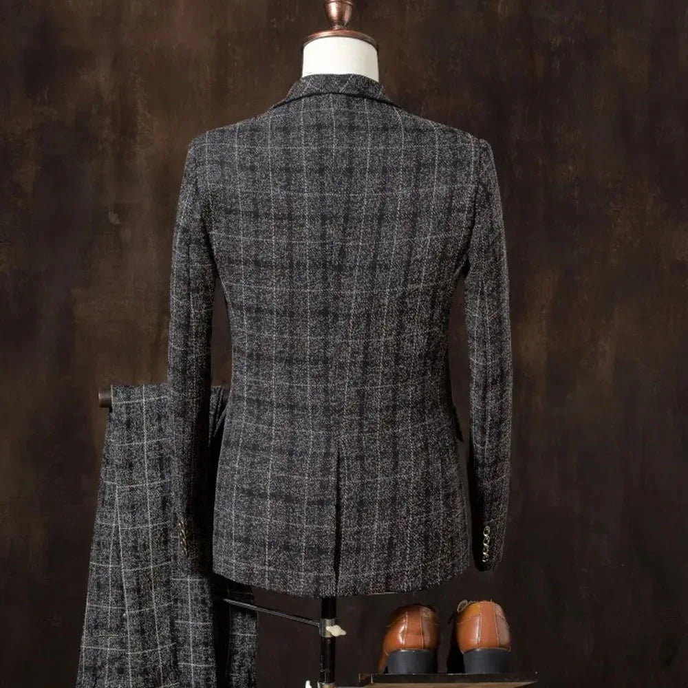 Formal Groom Wear 3 Piece (Blazer+ Vest + Pants) Men's Suit Fashion Business Gentleman Wedding Casual Plaid Cotton Linen Jacket - Luvia