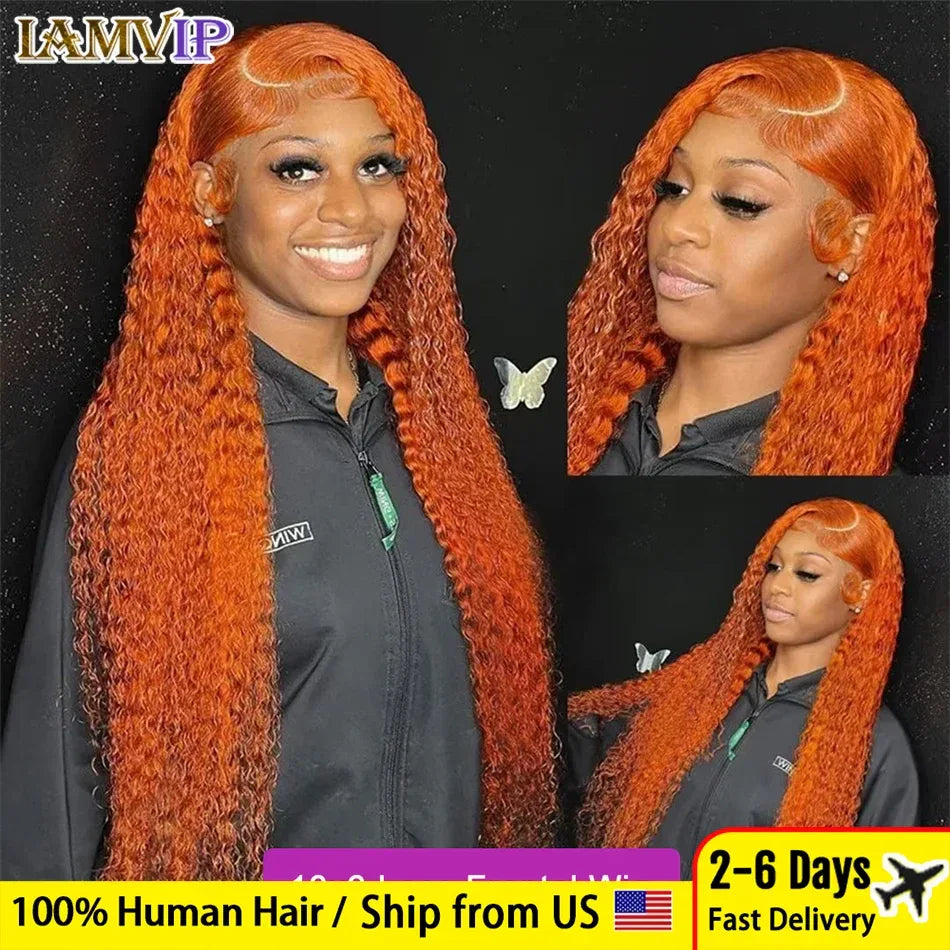 34 Inch 13x6 Full Lace Front Wigs Ginger Orange Color Water Curly Human Hair Wigs 13x4 HD Transparent Deep Wave Lace Frontal Wig - Luvia