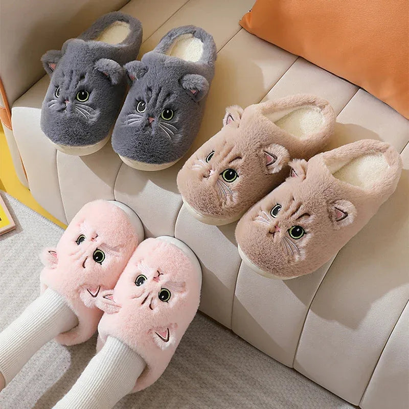 Winter Warm Slipper Women House Fuzzy Cat Cartoon Fur Plush Indoor Lazy Female Thermal Home Shoe Furry Funny Flat flip flop - Luvia