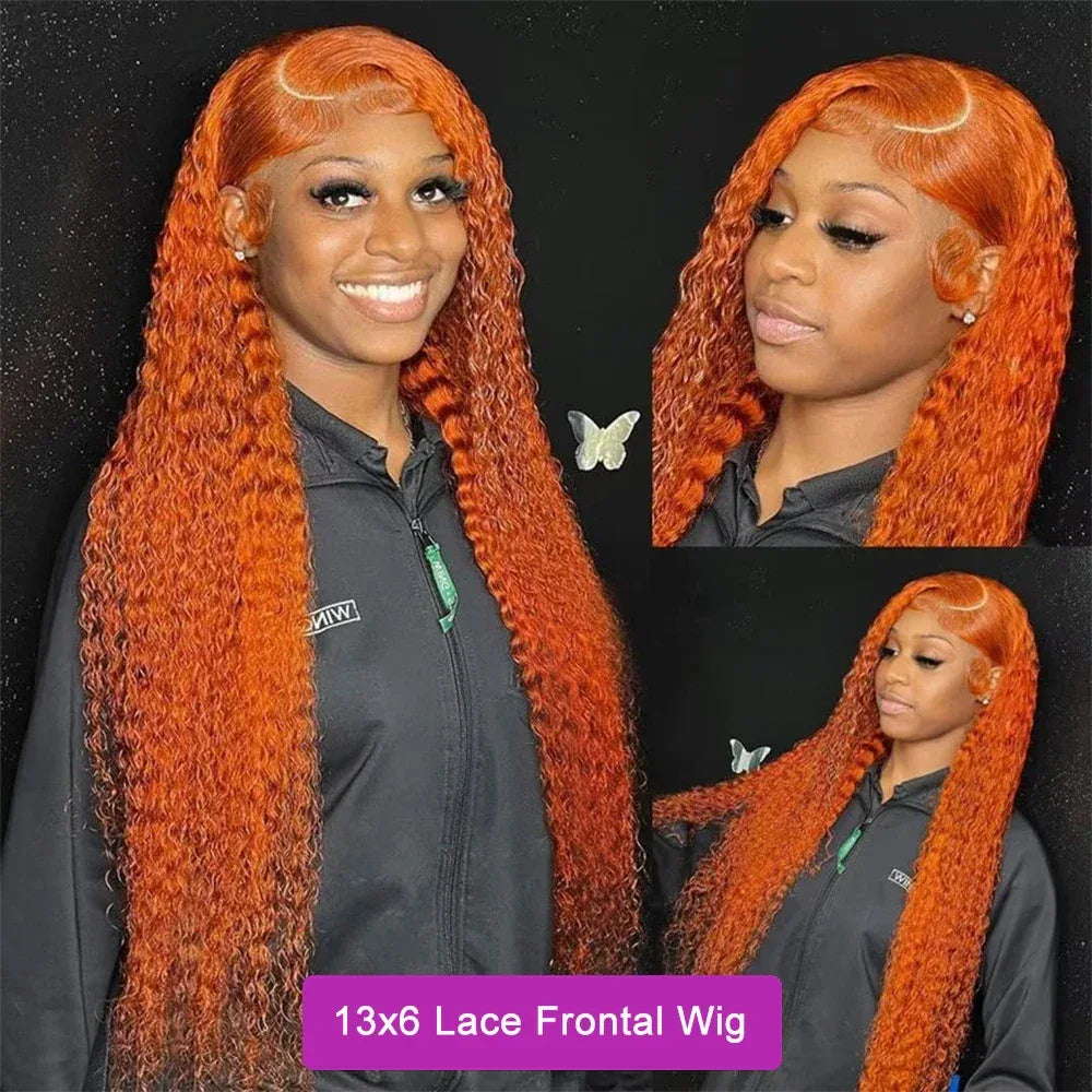 34 Inch 13x6 Full Lace Front Wigs Ginger Orange Color Water Curly Human Hair Wigs 13x4 HD Transparent Deep Wave Lace Frontal Wig - Luvia