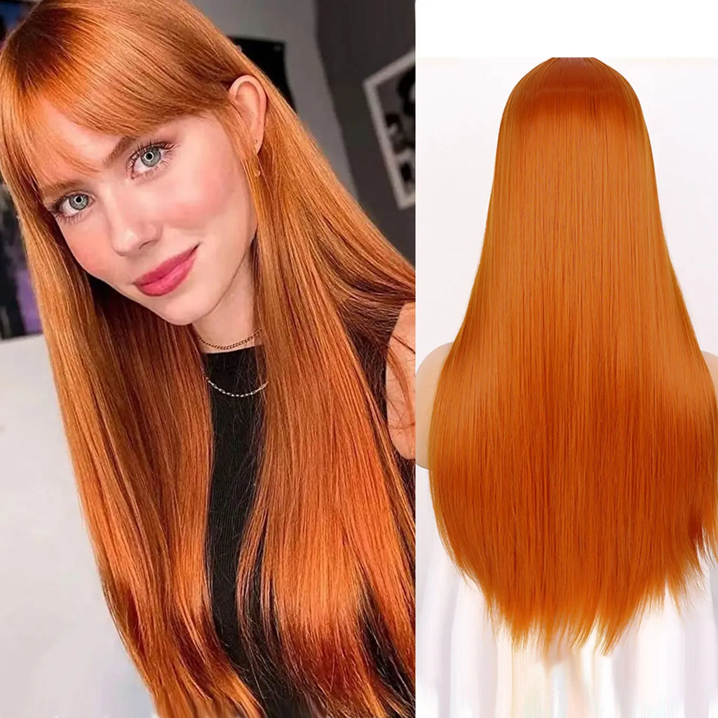 Synthetic Straight Wigs with Bangs Long Silky Heat Resistant Fiber Hair Full Machine Wig Cosplay Party Wig For Fashion Women - Luvia