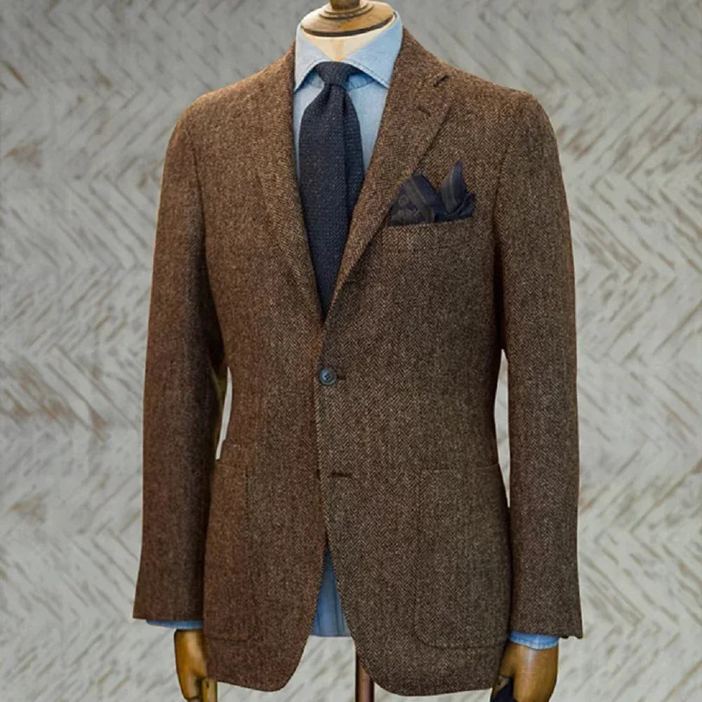 Men's Suit Brown Blazer Prom Tuxedos Herringbone Wool Tweed Single Breasted Formal Bussiness Wedding Groom's Jacket (Only Coat) - Luvia