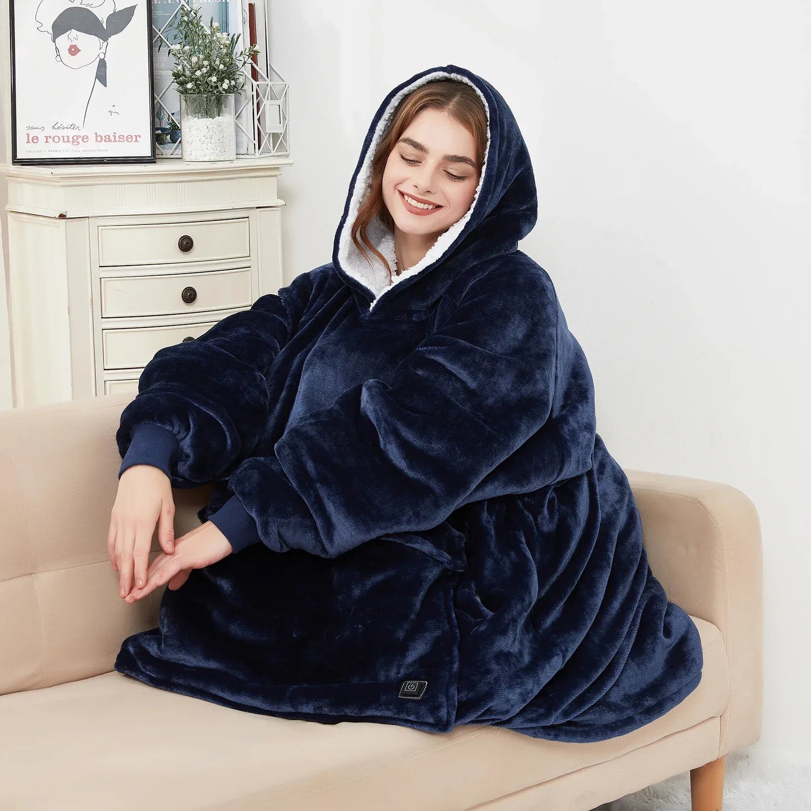 Oversized Wearable Blanket Hoodie with Sleeves Pocket Sherpa Fleece Blanket Sweatshirt Warm Thick Plush Heating Hooded Blankets - Luvia